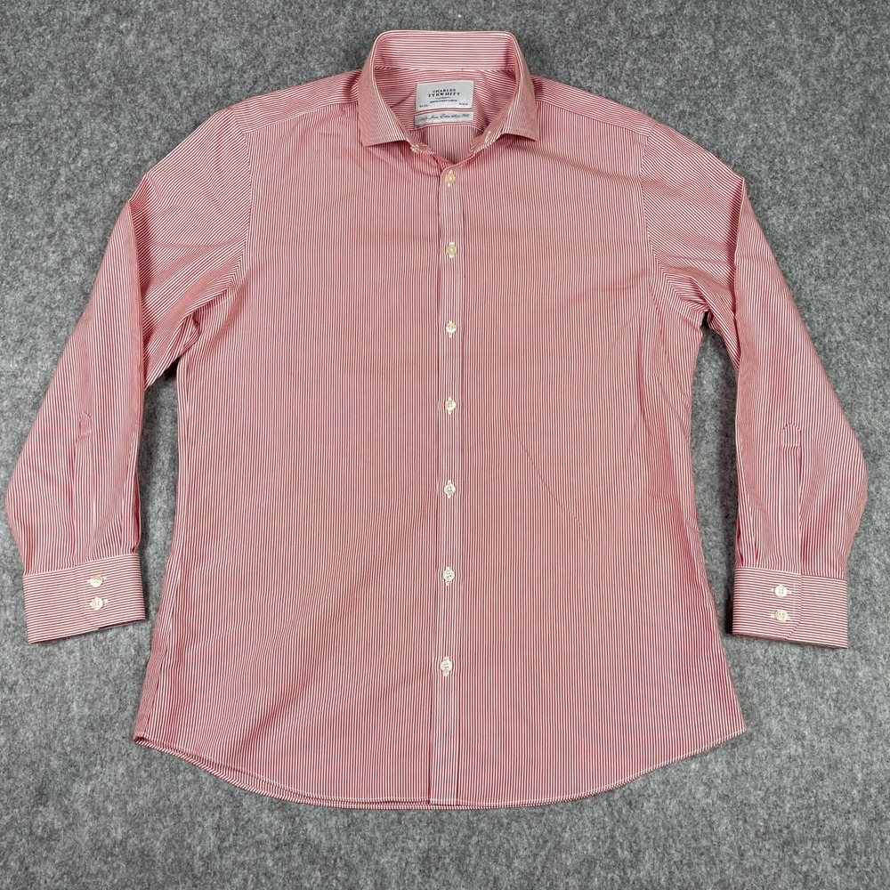 Charles Tyrwhitt Dress Shirt Mens 16.5x33 Red Micro Stripe Extra Slim Fit